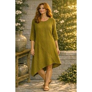 Bryn Walker Dress Olive Linen Lagenlook Pocket Midi Artsy Relaxed Boho Sz S